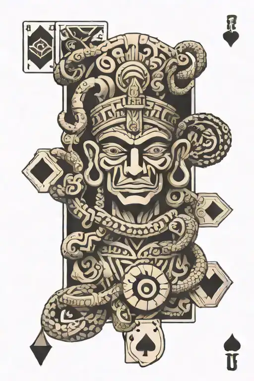 Aztec God Macuil With 5 Playing Cards Around It And A Serpent