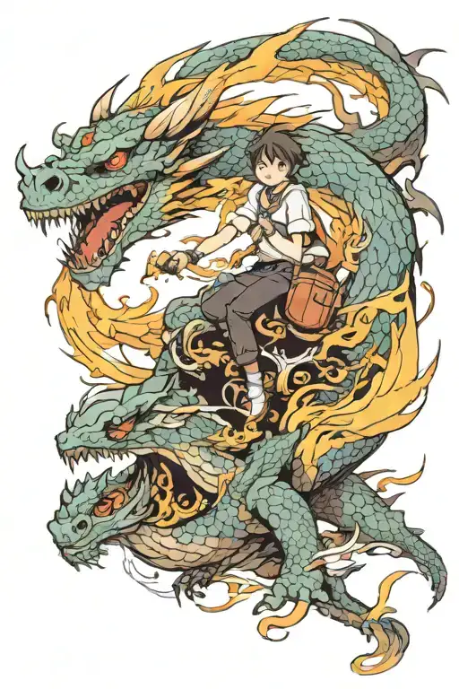 Boy Riding Dragon Breathing Fire