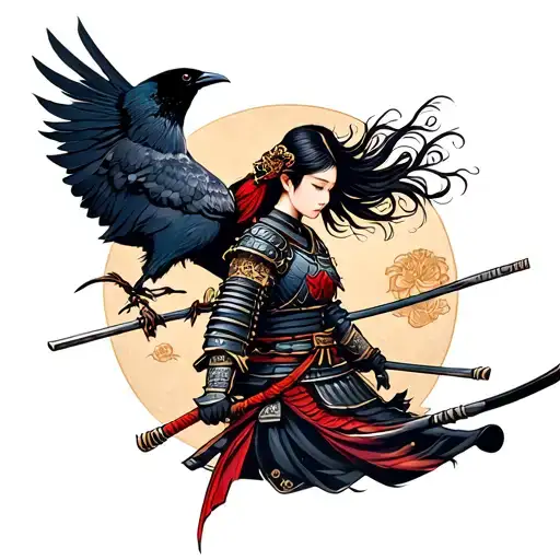 Women's Tattoo Of Samurai Warrior With Crow