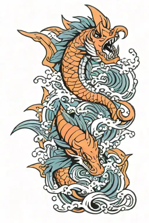 Gyrados And Magikarp Turning In Waves With Japanese Style Sun