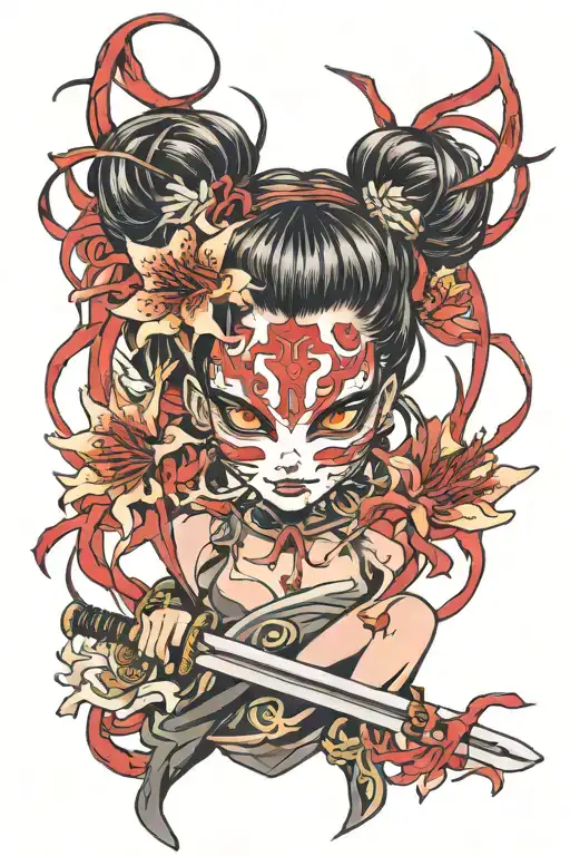 Oni Mask Katana Girl Red Spider Lily