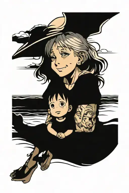 Grandmother And Grandson And Beach In The Background