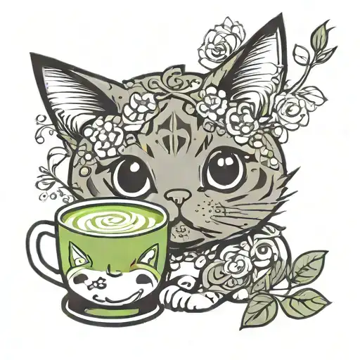 Cute Cat Drinking Matcha Latte Art Design