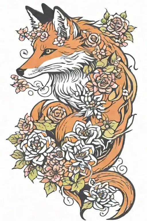 Fox Tattoo On Back With Japanese Flowers