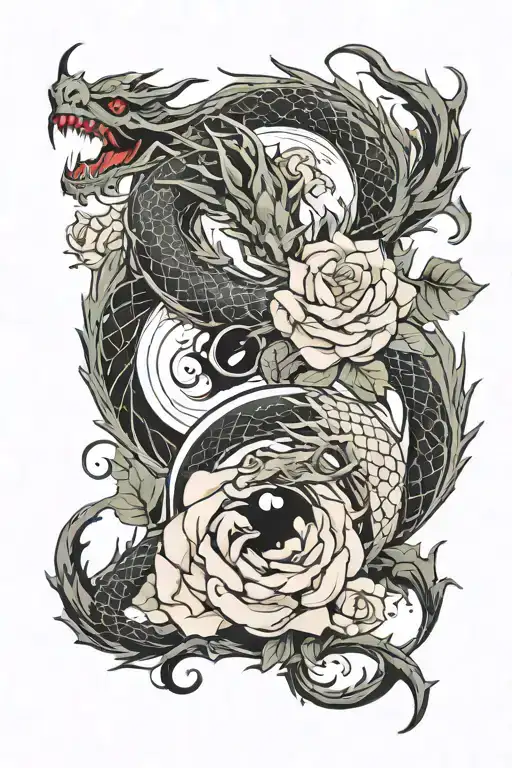 Yin Yang Dragon With Roses