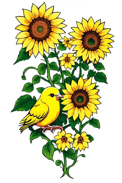 Cartoon Canary And Sunflowers Intertwined With Vines Growing