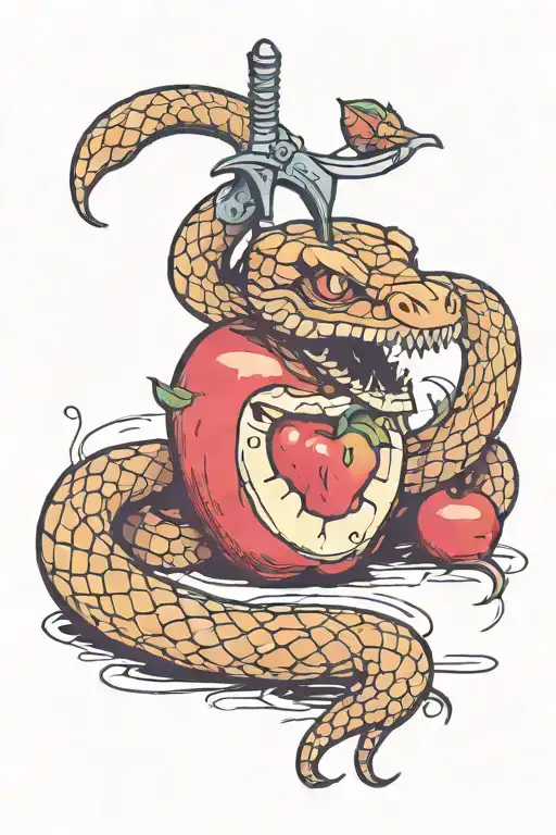 Snake Biting Apple With Sword Through Head