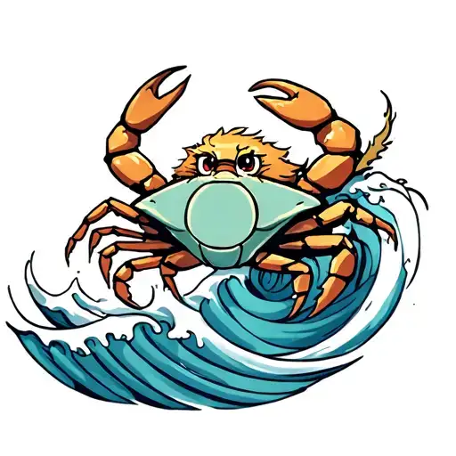 Cartoon Cancer Crab With Leo Mane Sitting On The Aquarius Wave Symbol