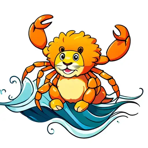 Cartoon Cancer Crab With Big Fluffy Leo Mane Sitting On The Aquarius Wave Symbol