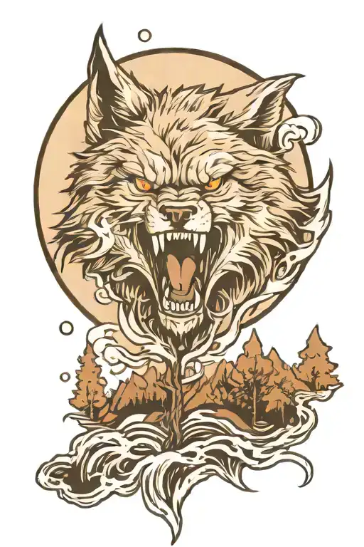 Angry Wolf Head With Moon Mountain Trees Water