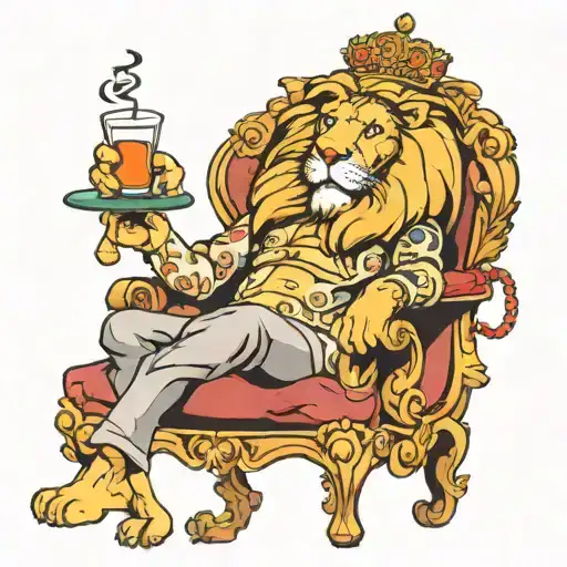 Lion Sitting On A Throne Smoking A Cigar And Drinking