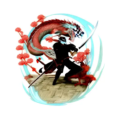 Ronin With Drawn Sword With A Dragon Protecting Him