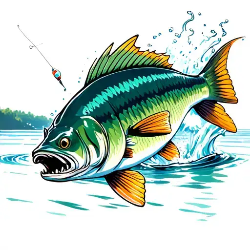 An Australian Barramundi Fish Jumping Out Of The Water With A Lure In Its Mouth