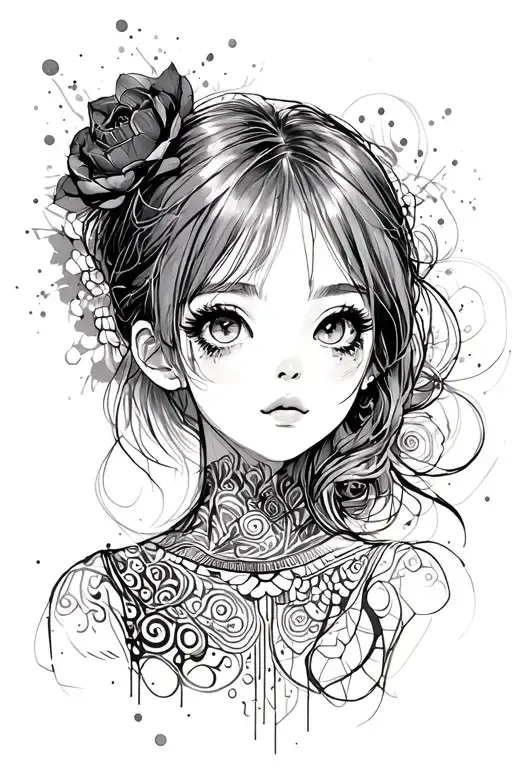 Girl's Sketch In The Style Of Realism With Abstraction And Patterns