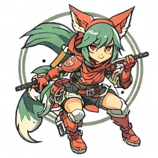 Dark Green Haired Ninja Girl In Red With Fox Ears Kiriko Overwatch