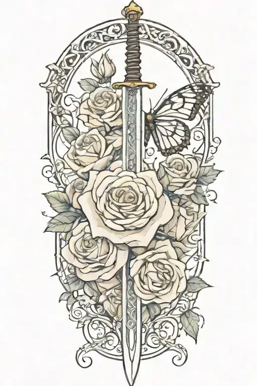 Sword With Roses Around It With A Small Butterfly On The Rose
