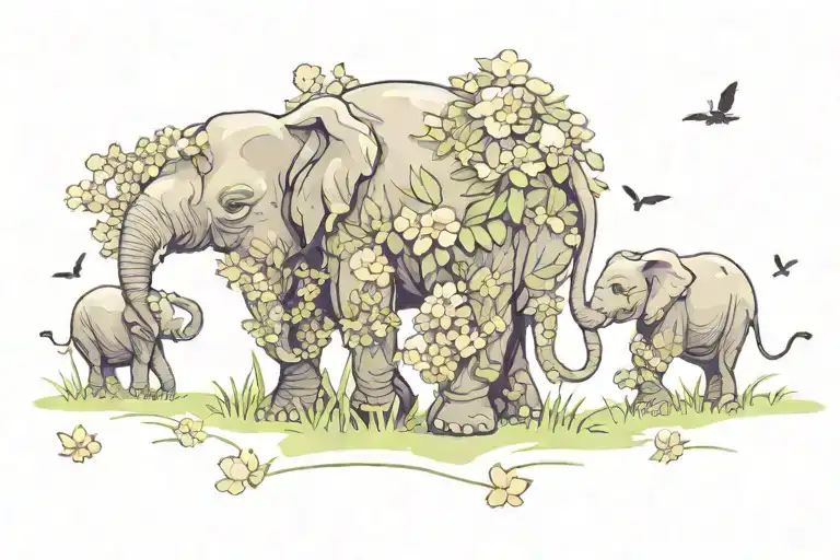 2 Adult Elephants And 1 Child Elephant Walking Along A Road Of Flowers