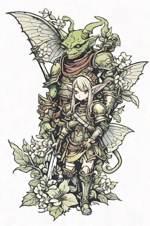Goblin In Armor And A Fairy With Flowers