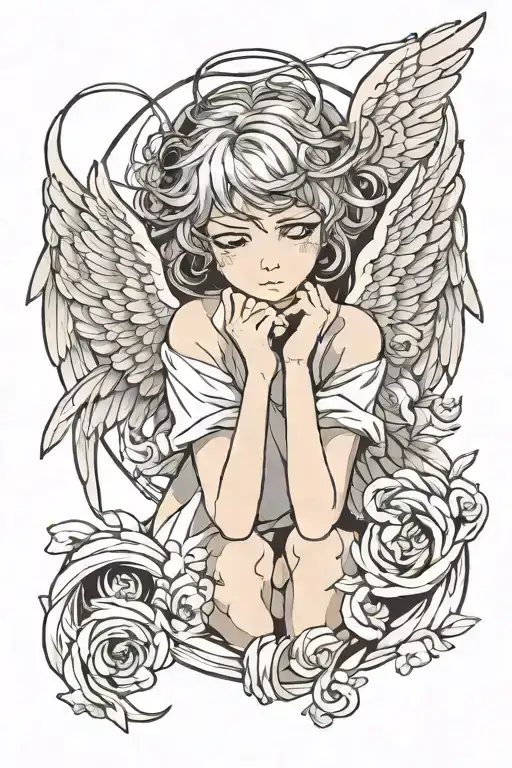 Angel In A Minimalist Style With Wings And Tired Eyes