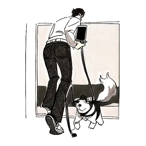 A Blackwork Tattoo Of A Person Walking Their Dog While Listening To Music On A Vintage Walkman