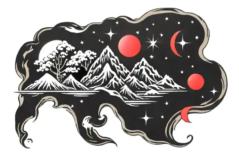 Black Mountains River Stars And Red Moon And Sun