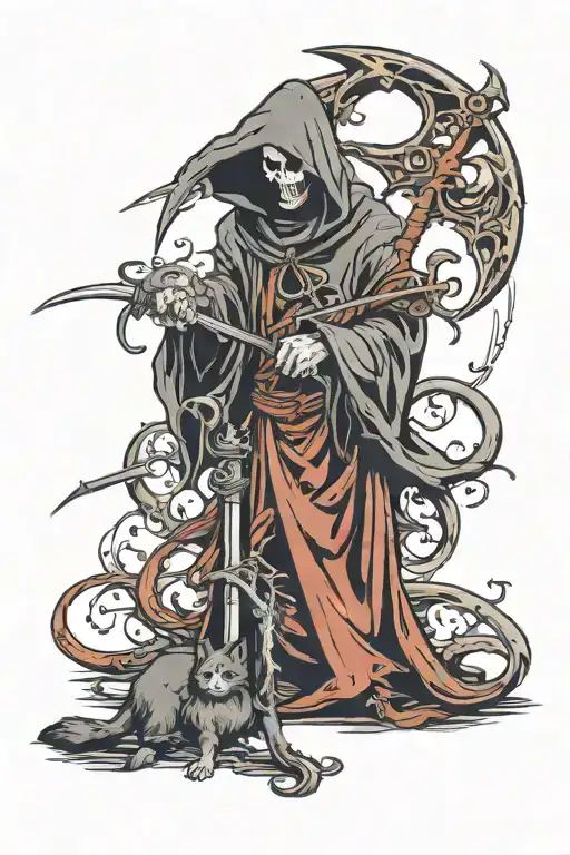 Grim Reaper Holding A Scythe Walking With A Cat