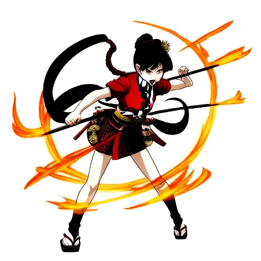 Asian Girl Kimono Fighting Angry With Two Dagas Complete Body