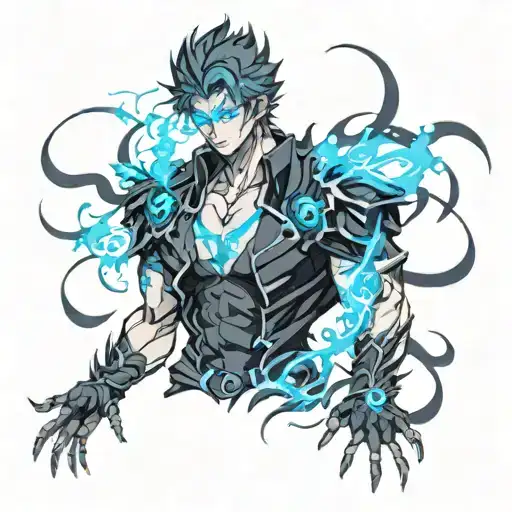 Solo Leveling Jin Woo Upper Body With Glowing Eyes Mostly Black With Blue Eyes