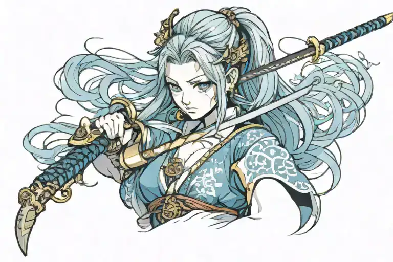 A Samurai Girl With Long Hair And Blue Eyes