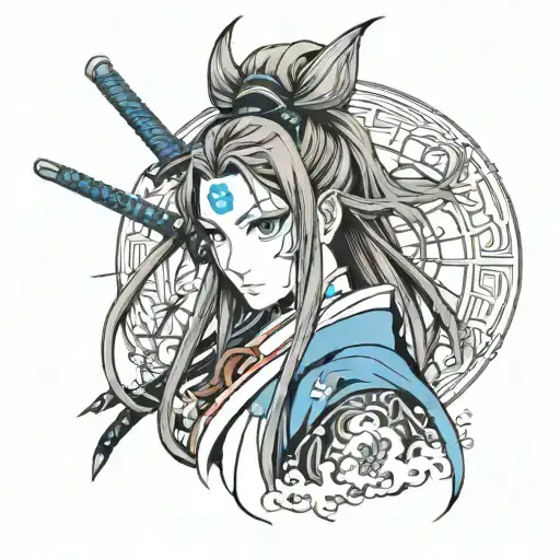 A Samurai Girl With Long Hair And Blue Eyes
