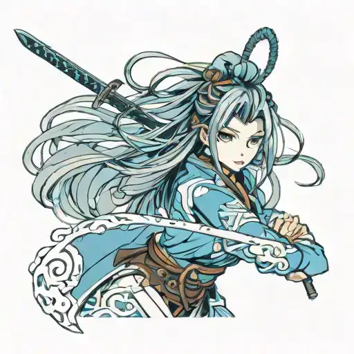 A Samurai Girl With Long Hair And Blue Eyes