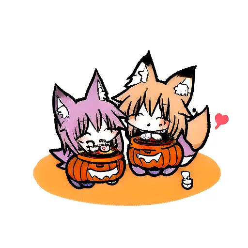 A Chibi Art Of A Fox Kit And Wolf Pup In Halloween Costumes Drinking Butterbeer Together