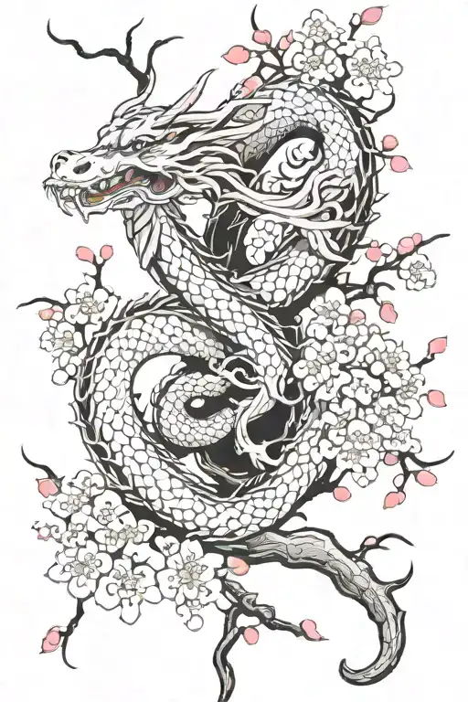 Dragon Wrapping Around A Cherry Blossom Tree