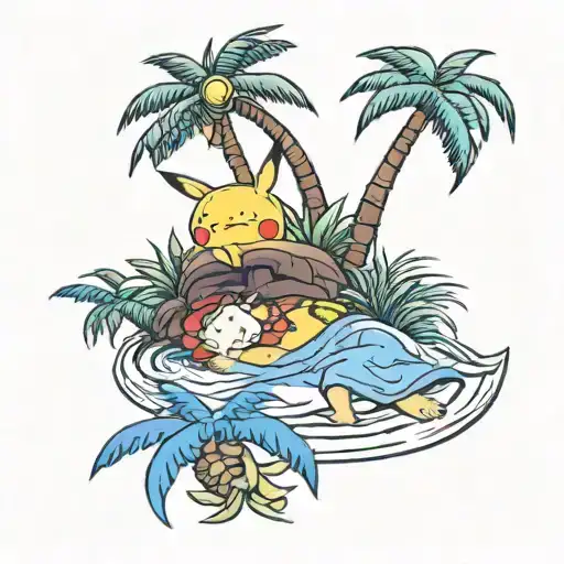 Relaxo And Pikachu Sleeping Under A Palm Tree