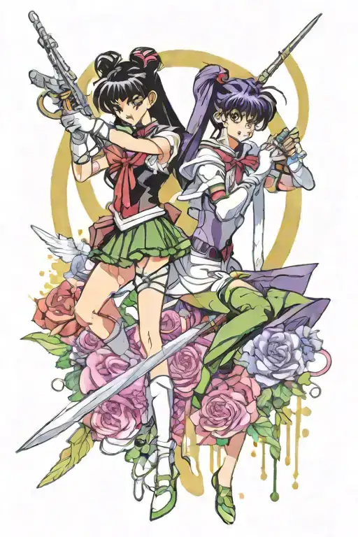 Sailor Pluto And Sailor Saturn From Sailor Moon Holding Their Weapons With Watercolor Background
