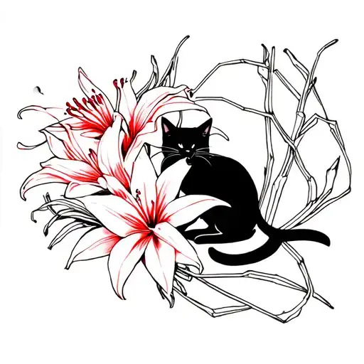 Cat And Spider Lily Flower Lineart Red And Black