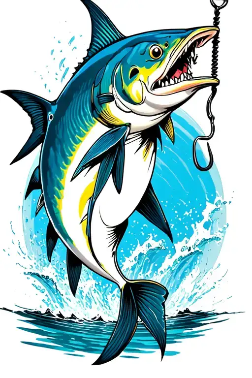 Yellowfin Tuna Fish Jumping With A Fish Hook Stabbing It