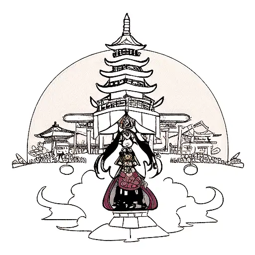 Zodiac Knight Mu With A Pagoda In The Background