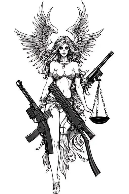 Goddess Of Death And Justice Intertwined With The Balance Of Justice And A Sniper Rifles