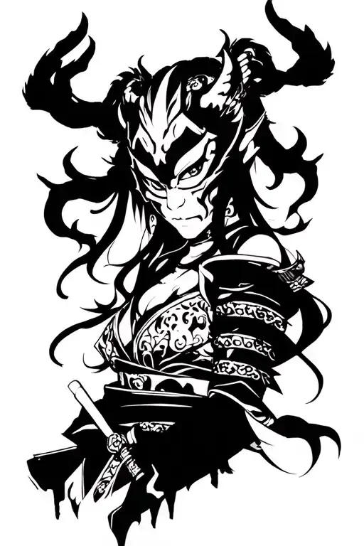 Female Oni Samurai With Oni Mask Black And White