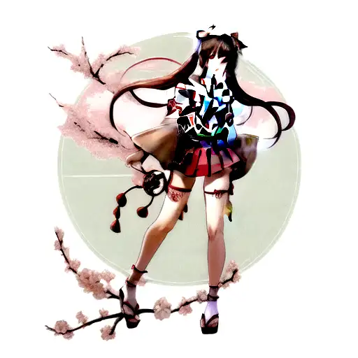 Leg Sleeve Temple With Cherry Blossoms And A Samurai