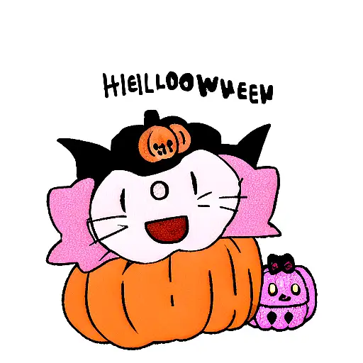 A Spooky Halloween-themed Hello Kitty Surrounded By Pink Pumpkins And Bats