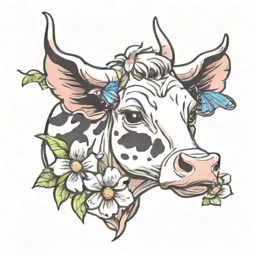 Cartoon Cow Eating Flowers With A Butterfly On Her Nose