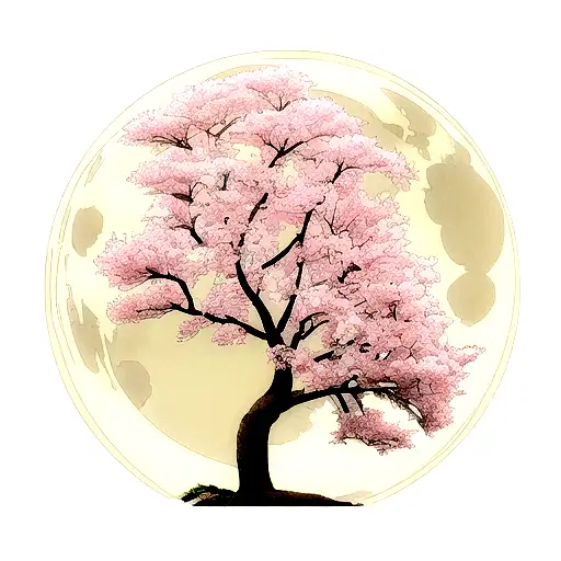 Picture A Serene Cherry Blossom Tree Standing Tall Against The Backdrop Of A Full Moon