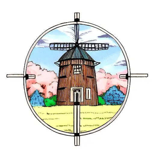 A Circle Surrounding A Winmill With Fine Lines
