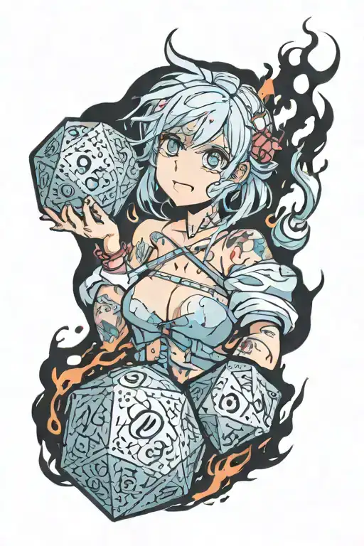 Girl Throws Dice D20 With Fire