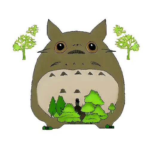 Outlined Totoro With The 2 Main Character Inside In A Forest