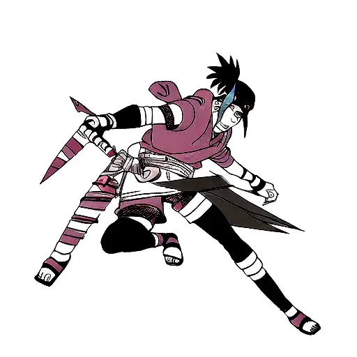 A Kunai Knife With Ine Half Of Naruto Face And Eyes And The Other Half With Sasuke Face And Eyes