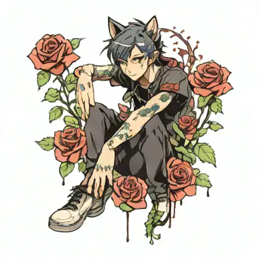 Anime Cat Boy Suronded By Roses Growing