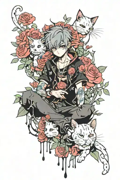 Anime Cat Boy Suronded By Roses Growing
